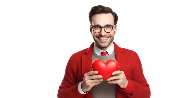 Photo young man hold red heart at home valentines day isolated man with red heart