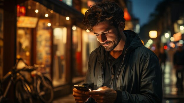사진 도시 에서 반이는 빛 을 가진 스마트폰 을 들고 있는 젊은 남자