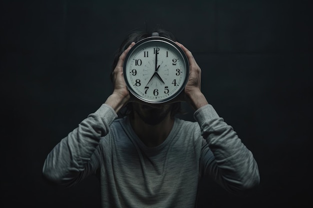 Photo young man holding big clock covering his face over black background
