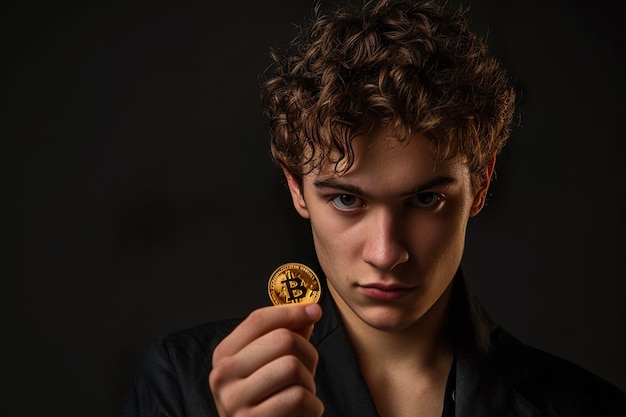 A young man holding a bitcoin in his hand with a look of determination on his face