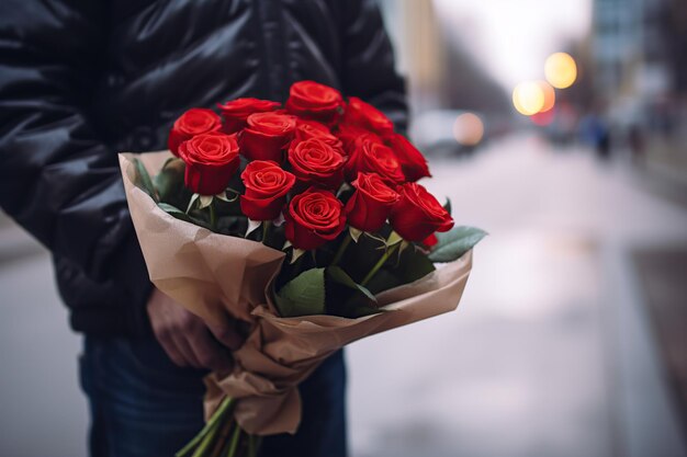 Young man holding bouquet of fresh red roses on the street