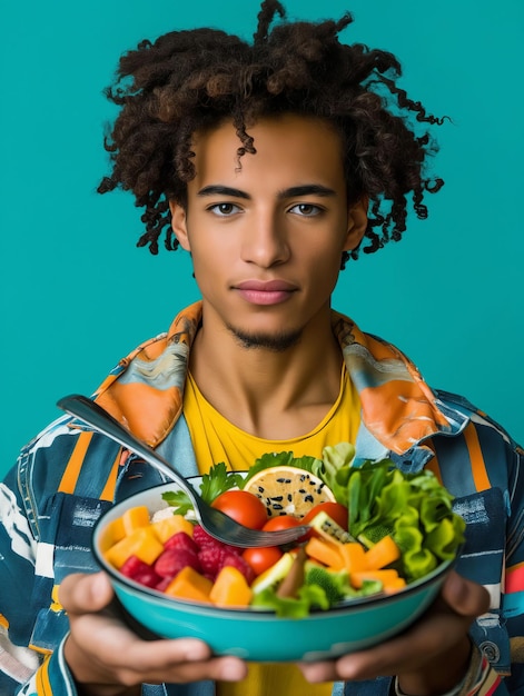 A young man holding a bowl of salad