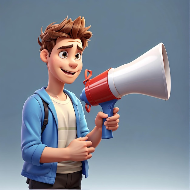 Young man holding magnet and megaphone 3d cartoon character illustration