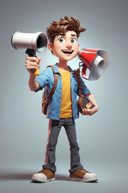 Young man holding magnet and megaphone 3d cartoon character illustration