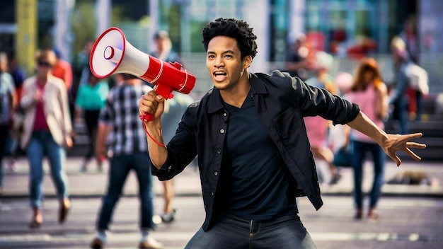 The young man holding a megaphone