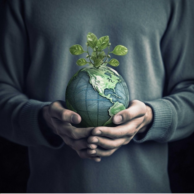Молодой человек держит планету Земля с растением в руке. Элементы этого изображения предоставлены НАСА.