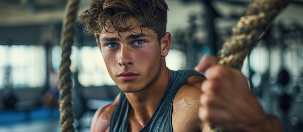 Young Man Holding Rope in Gym