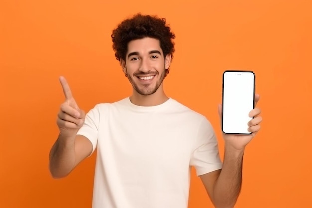 a young man holding a smart phone with a blank screen