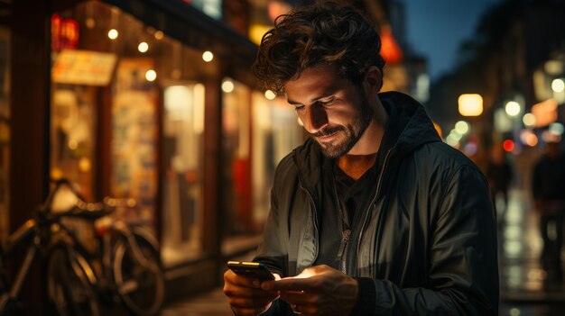 Foto giovane uomo in possesso di uno smartphone con una luce luminosa in città