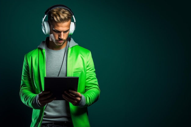 Young man holding a tablet listening to audiobooks white headphones dark green background