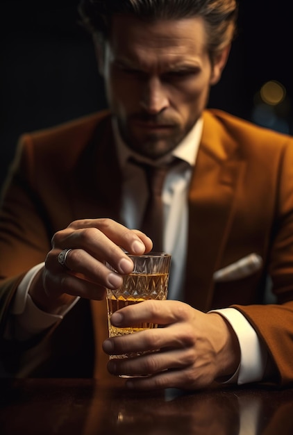 A young man holds a glass of alcohol in his hand