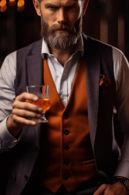 A young man holds a glass of alcohol in his hand