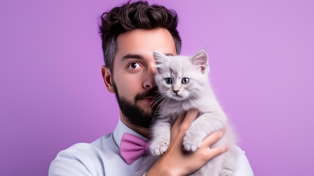 Young man holds a kitten in his arms on purple background