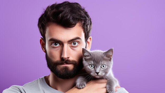 Young man holds a kitten in his arms on purple background