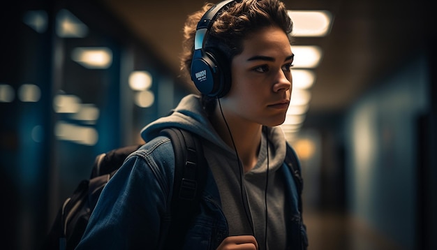 Young man in hooded shirt listens to music generated by AI