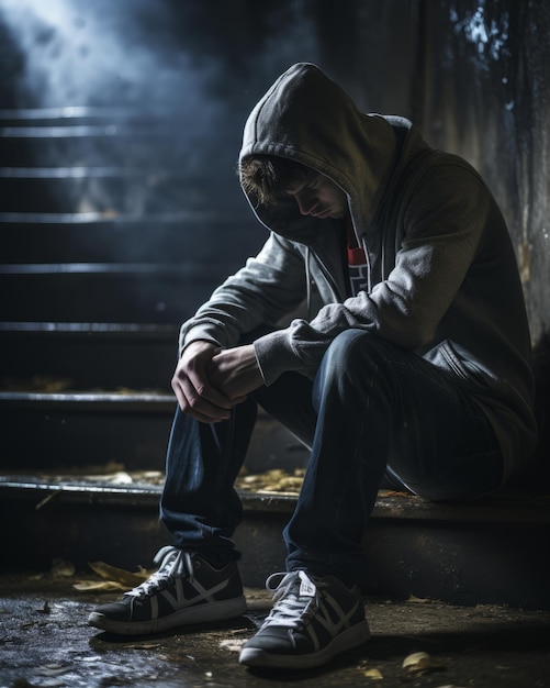 a young man in a hoodie sitting on the stairs