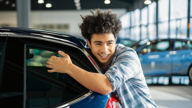 Young man huggingf a car in a car showroom