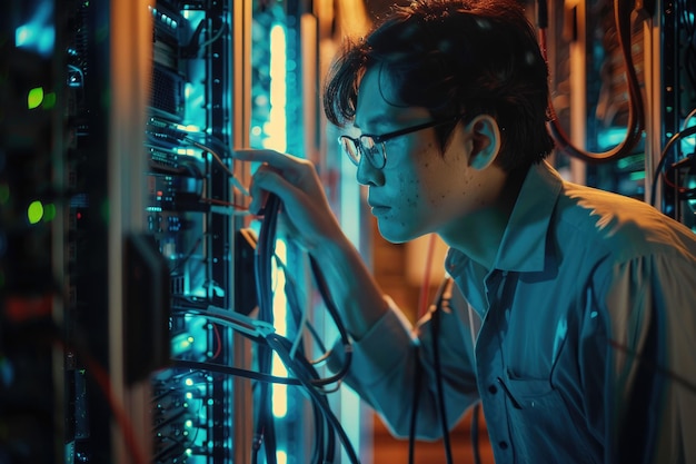 사진 데이터 센터 에서 슈퍼 컴퓨터 와 함께 일 하는 안경 을 입은 젊은 남자