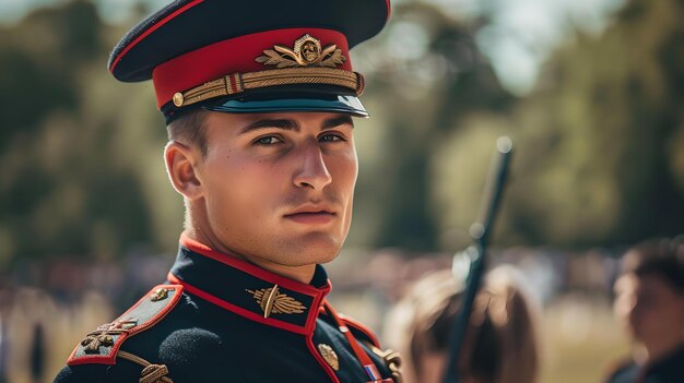 Фото Молодой человек в военной форме на церемониальном мероприятии портрет решимости и гордости высококачественное изображение ии