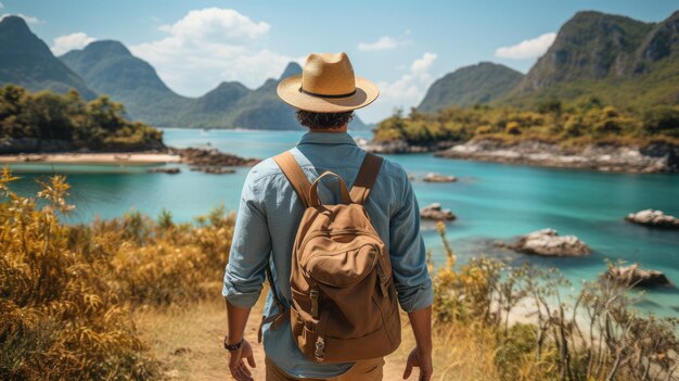 写真 晴れた日に山とビーチで麦わら帽子をかぶった若い男