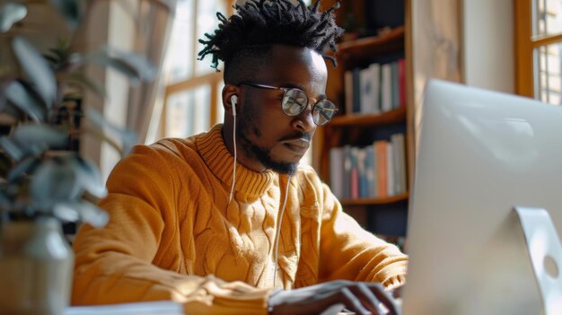 A young man intently works on a laptop in a sunlit room