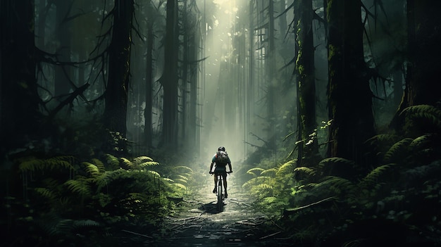 young man is cycling through forest