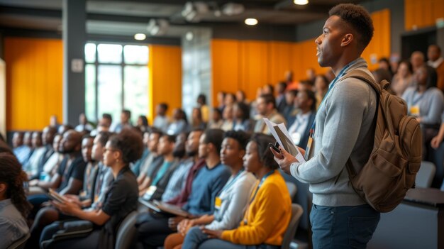 Photo a young man is giving a presentation in front of a large audience