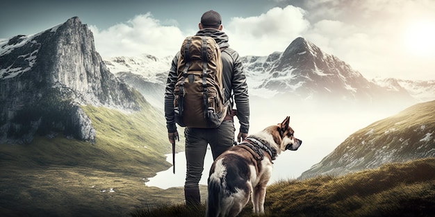 Young man is hiking in the mountains with a dog