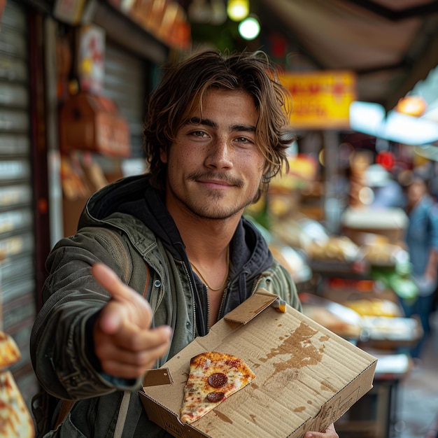 Young man is holding box of pizza and giving thumbs up