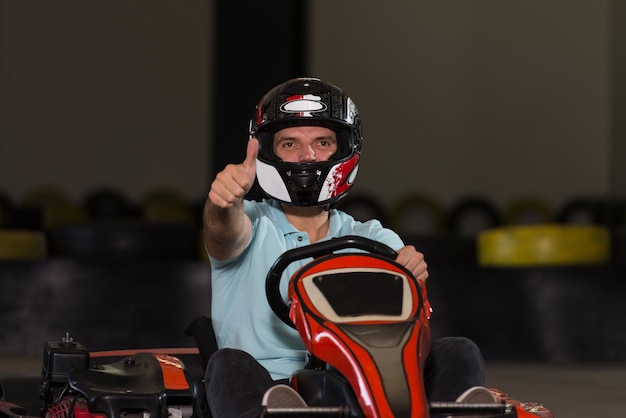 Young Man Is Holding Cup Speed Karting Race