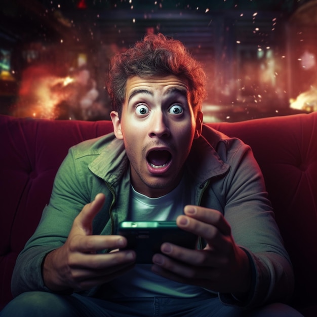 a young man is lying on the sofa playing games on a smartphone expression exited