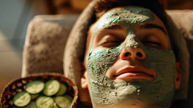 A young man is lying on a spa bed with his eyes closed and a green facial mask on his face