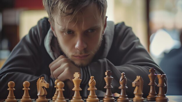 Photo a young man is playing chess he is looking at the board intently trying to decide his next move