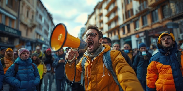 Foto un giovane protesta urlando attraverso un altoparlante generative ai