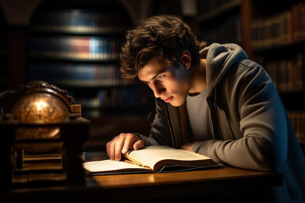 Молодой человек читает книгу перед столом с лампой позади него.