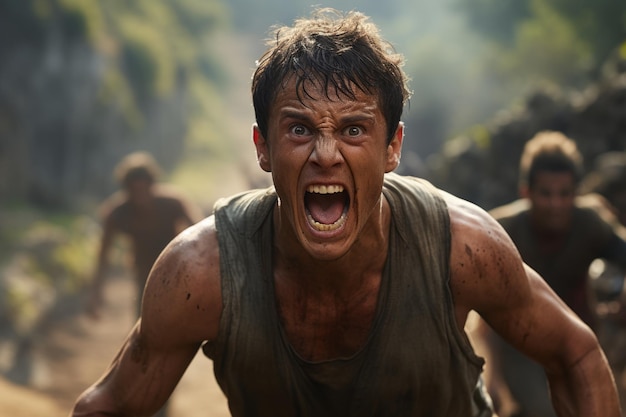 a young man is running in the middle of a group of people