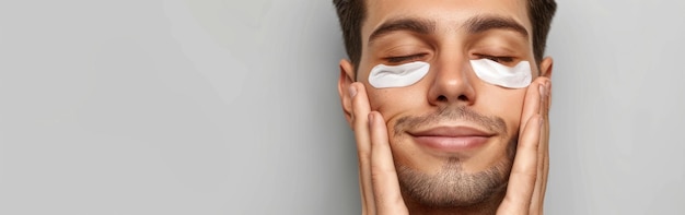 A young man is seen applying eye patches to his face focusing on selfcare and skincare routine