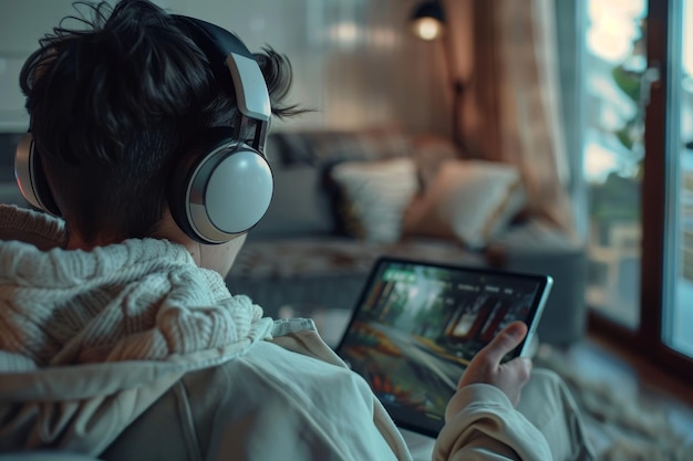 A young man is sitting on a couch with a tablet in his hand