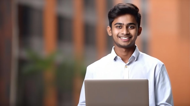 A young man is smiling and using a laptop.