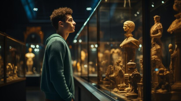 若い男が博物館の展示物に立っています 美しいイラスト画 創造的なAI