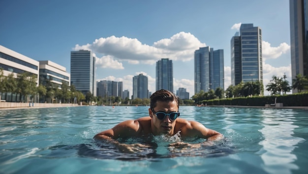 Молодой человек плавает в огромном бассейне с размытым городским фоном, созданным ИИ