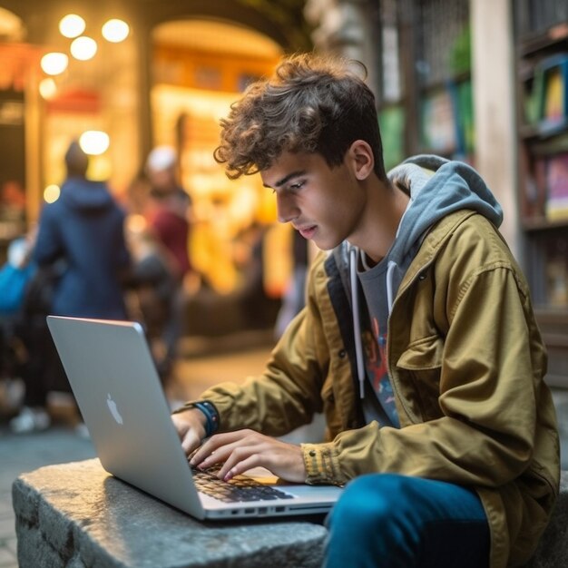 a young man is using a laptop in a library