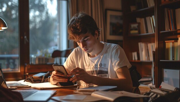 A young man is using a mobile phone while sitting at the study table