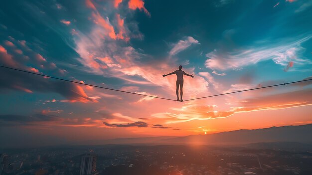 Photo a young man is walking on a tightrope high above the city the sky is a vibrant orange and pink and the sun is setting