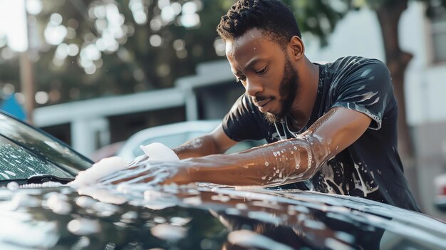 Photo a young man is washing his car with a sponge and soapy water he is focused on the task at hand and getting the car clean