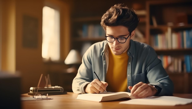 A young man is writing in a notebook at a coffee shop