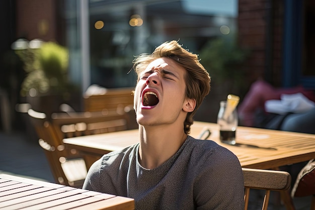 a young man is yawning and yawning.