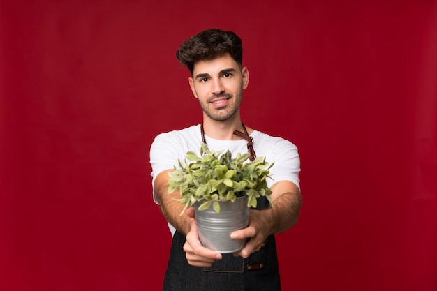 Young man over isolated background taking a flowerpot