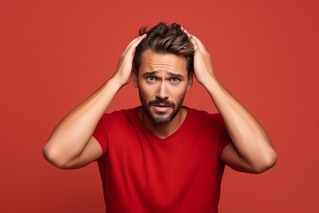Young man on isolated red background confused expression