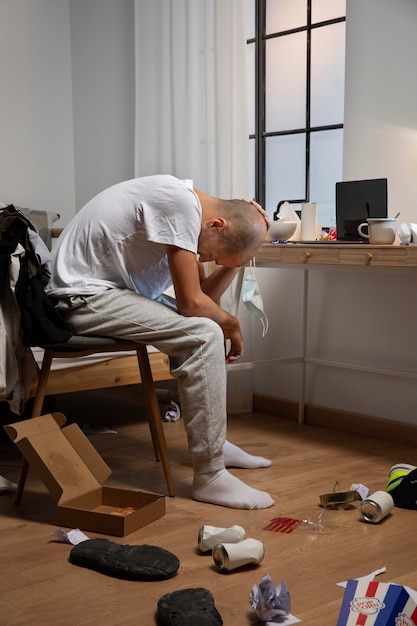 Young man in  isolation at home